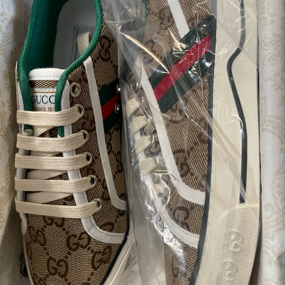 Gucci Beige Monogram Sneakers with Green and Red Stripes